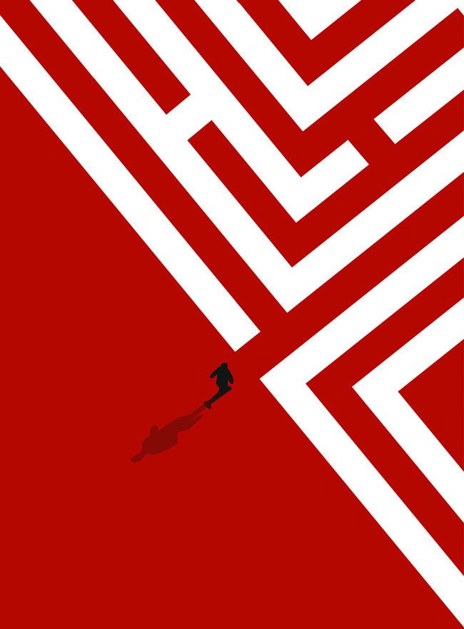 a red and white poster with a man in the middle of a maze on it