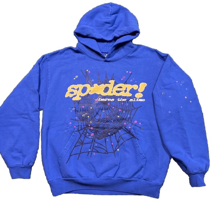 Sp5der Hoodie Young Thug New Fast Shipping Blue Urban Hoodie With Letter Print, Blue Sporty Hoodie With Graphic Print, Sporty Blue Hoodie With Graphic Print, Urban Blue Crew Neck Hoodie, Blue Hoodie With Drawstring For Streetwear, Blue Hoodie Sweatshirt For Streetwear, Blue Hooded Sweatshirt For Streetwear, Oversized Blue Hooded Hoodie, Blue Hooded Outerwear With Letter Print