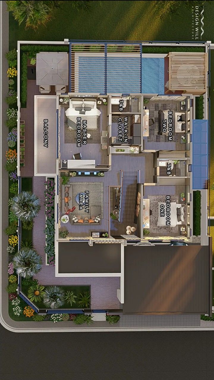 an aerial view of a house with lots of furniture and plants on the ground level