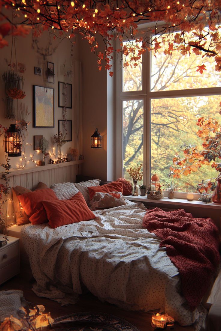 Bedroom with soft, inviting lighting perfect for relaxing during fall evenings. Cozy Halloween Bedroom, Aesthetic Album Covers, 200 Aesthetic, Bedroom Inspirations Cozy, Autumn Bedroom Decor, Indoor Halloween Decorations, Autumn Room, Halloween Bedroom Decor, Cozy Halloween