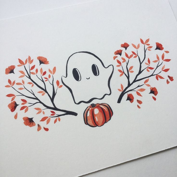 a drawing of a ghost holding a pumpkin in front of some trees with leaves on it