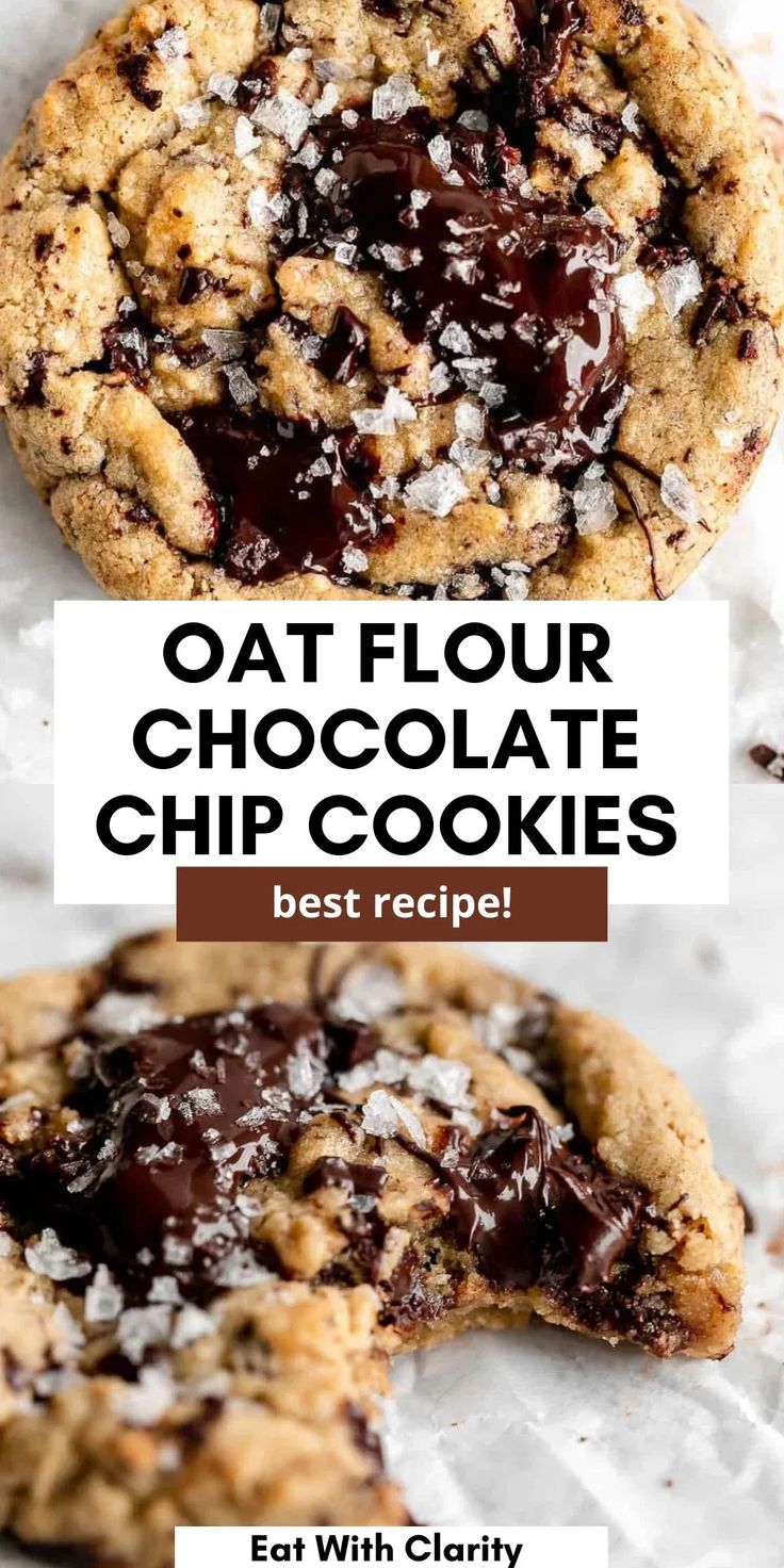 two chocolate chip cookies with text overlay that reads oat flour chocolate chip cookies best recipe