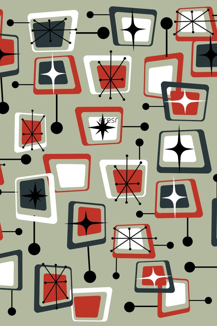 an abstract pattern with red and black squares, dots, and circles on grey background