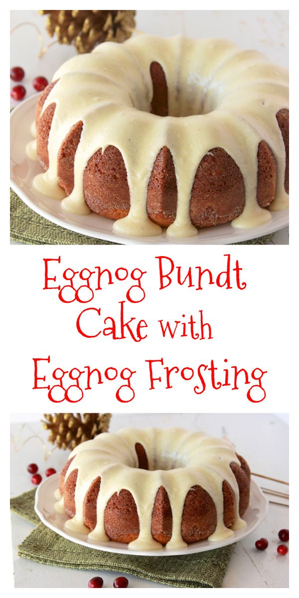 eggnog bundt cake with eggnog frosting on a white plate