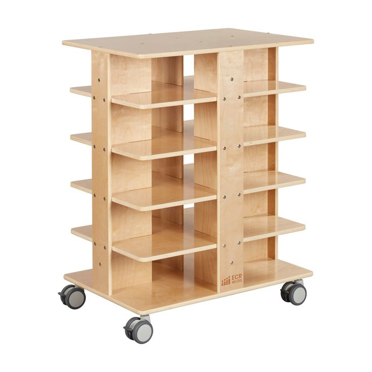 a wooden shelf with wheels and shelves on each side