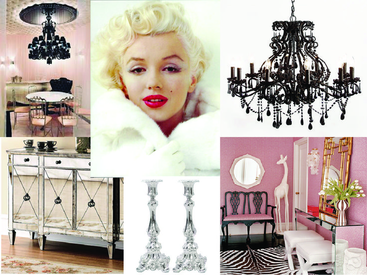 a collage of black and white photos with chandelier, zebra print rug, pink walls, chair, table