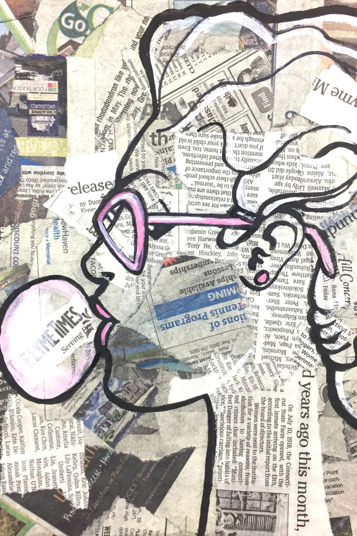 a drawing of a person with glasses on top of newspaper