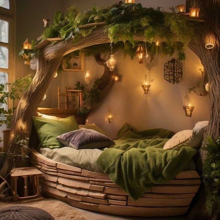 #homedecor, #interiordesign, #homedesign, #decor inspiration Woodland Room Aesthetic, Treehouse Bedroom Ideas, Woodland Room Ideas, Garden Theme Bedroom, Secret Garden Bedroom, Fantasy Themed Room, Enchanted Forest Bedroom Ideas, Woodland Bedroom Kids, Woodland Theme Room