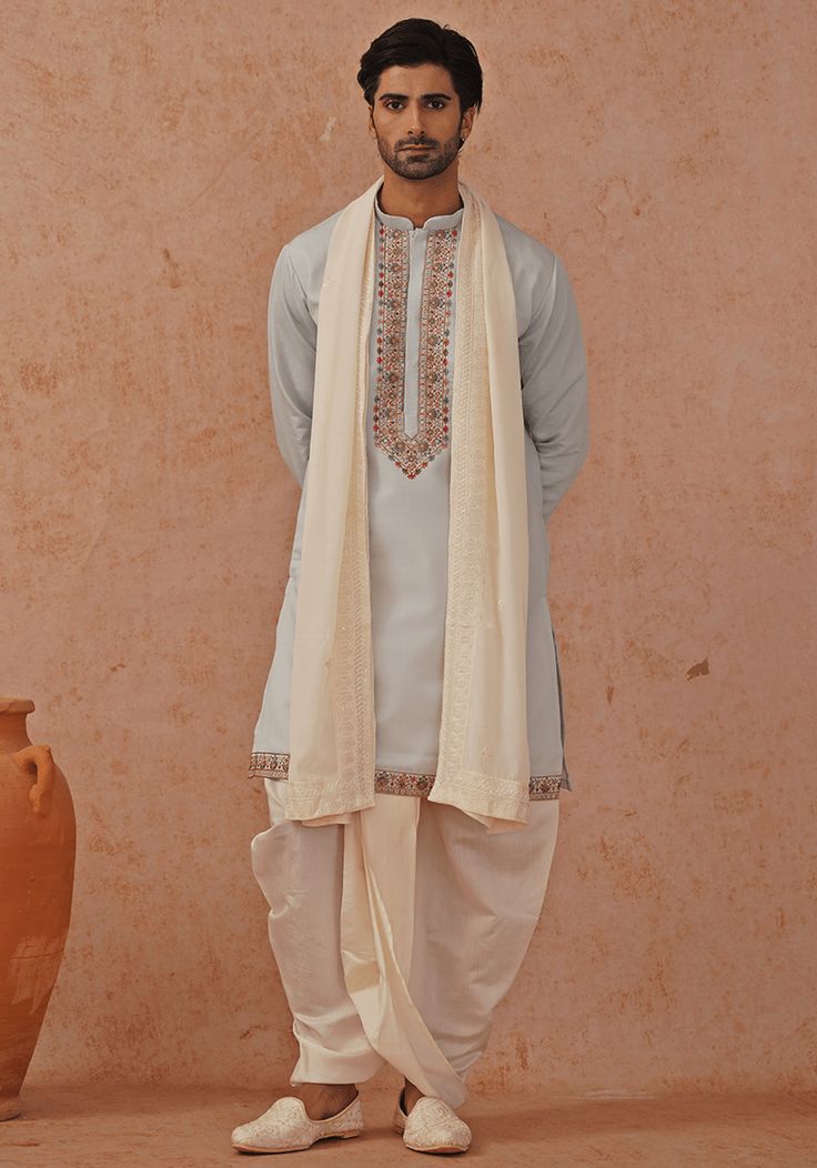 Blue Embroidered Kurta Set With Ivory Pant Kalpraag - Fabilicious Fashion Kurta And Dhoti For Men, Dhoti Design For Men, Dhoti Dress For Men, Dhoti For Men Indian Weddings, Mens Kurta With Dhoti, Kurta Dhoti Men, Kurta For Diwali Men, Wedding Kurta Designs Men's, Diwali Kurta For Men Indian