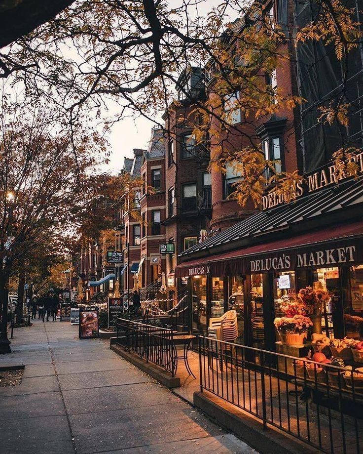 a city street lined with lots of shops next to tall buildings and autumn leaves on the trees