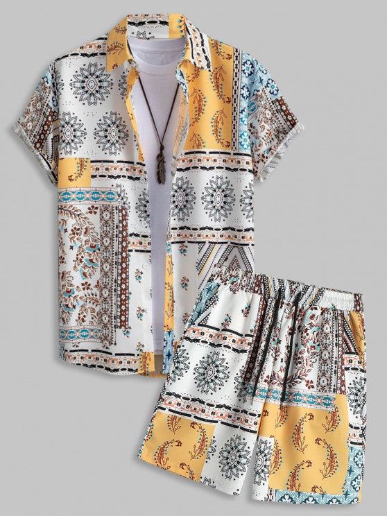 Elevate your summer wardrobe with this 2 Pieces Floral Printed Set. The set includes a stylish shirt and shorts, perfect for casual, ethnic, and vintage-inspired looks. The top features short sleeves and a regular length, while the shorts have a mid-waist with a convenient drawstring closure. Made from a blend of polyester and spandex, this set offers comfort. Features: Type: Shirt & Shorts Set Style: Casual, Ethnic, Vintage Occasions: Beach, Daily, Vacation Top Length: Regular Sleeves Length: S Yellow Short Sleeve Summer Sets, Multicolor Short Sleeve Short Set For Spring, Yellow Summer Sets With Short Sleeve, Multicolor Short Sleeve Summer Sets, Casual Multicolor Short Set For Summer, Yellow Beachwear Sets For Summer, Summer Sets With Short Sleeves, Short Printed Beach Sets, White Bohemian Short Sleeve Sets