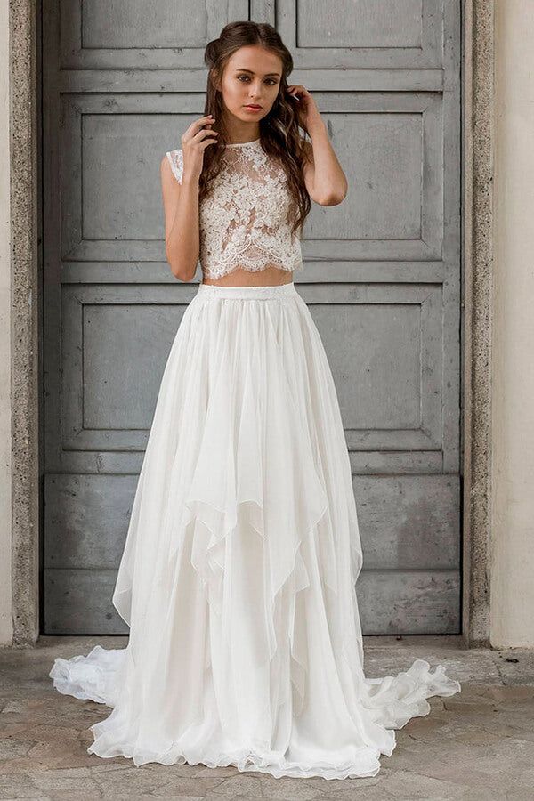 Elegant Long Two Piece A-line Lace Chiffon Wedding Dress Two Piece Lace Dress, Tulle Wedding Skirt And Top, Boho 2 Piece Wedding Dress, Cropped Wedding Dress, Alternative Wedding Dress Casual, Two Part Wedding Dress, Two Piece Wedding Dress Boho, Wedding Dress Two Piece, Wedding Dress Separates