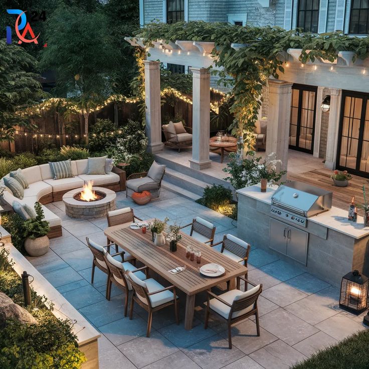 an outdoor patio with fire pit, seating and dining table surrounded by greenery at night