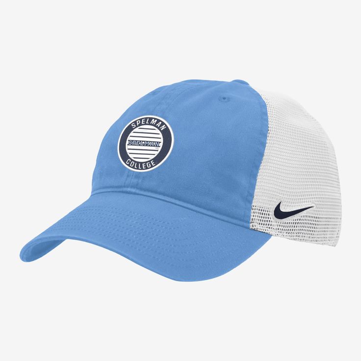 a blue and white nike hat with the words,'i love america'on it