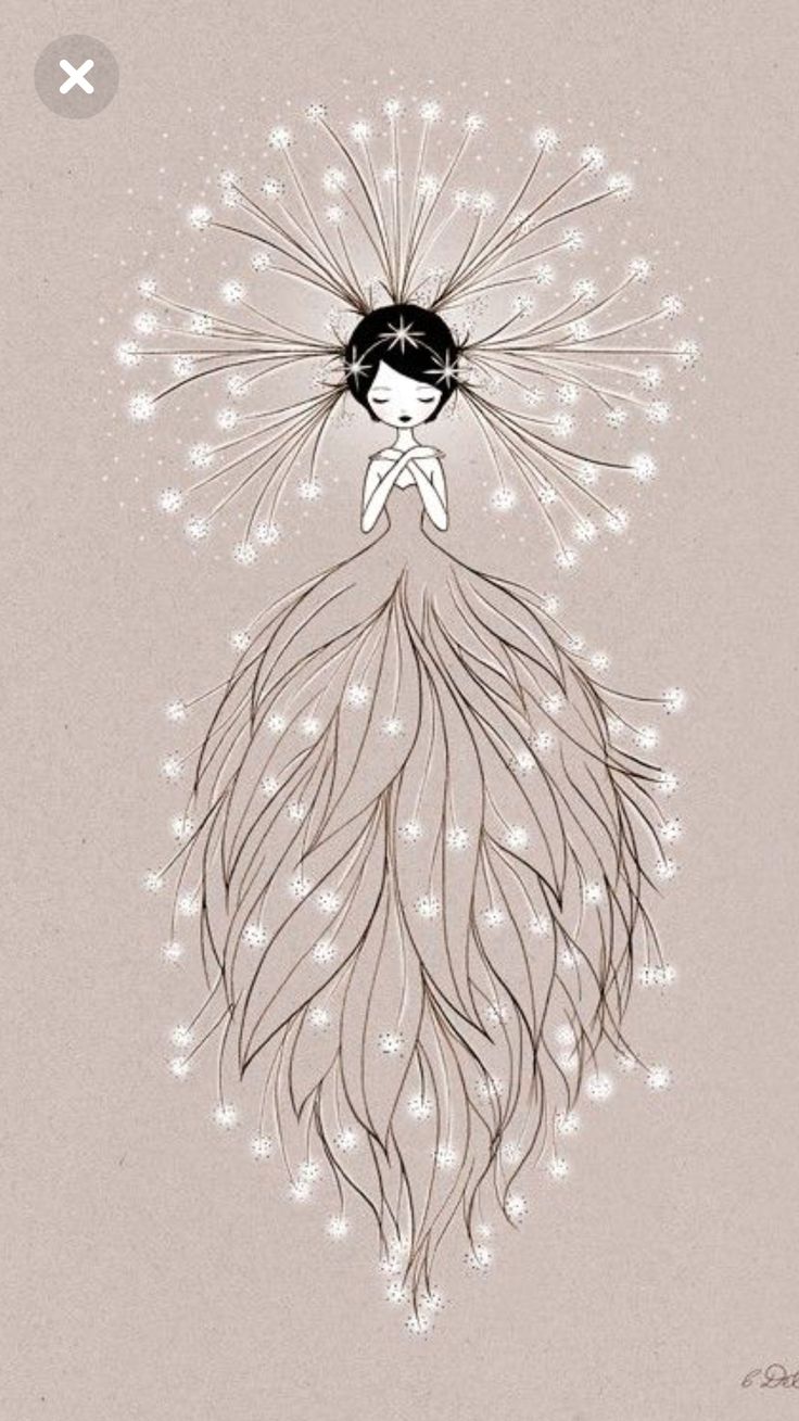 a drawing of a woman in a dress with feathers on her head and the words, i