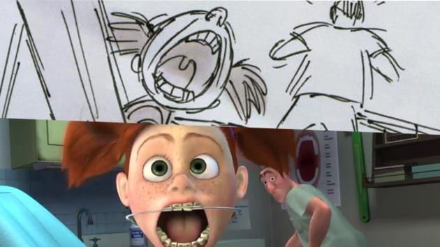 an animated character with his mouth open and another person in the background holding up a sign