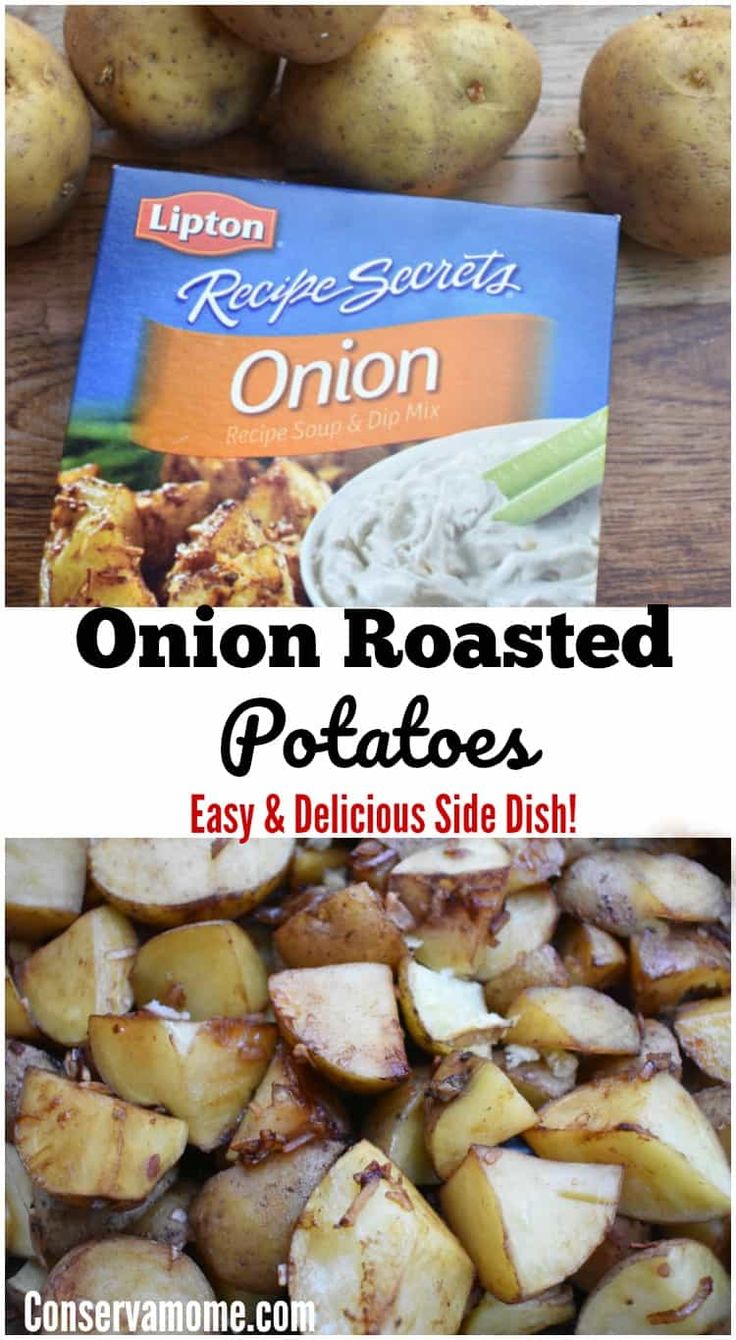 an onion roasted potatoes recipe is shown in this image