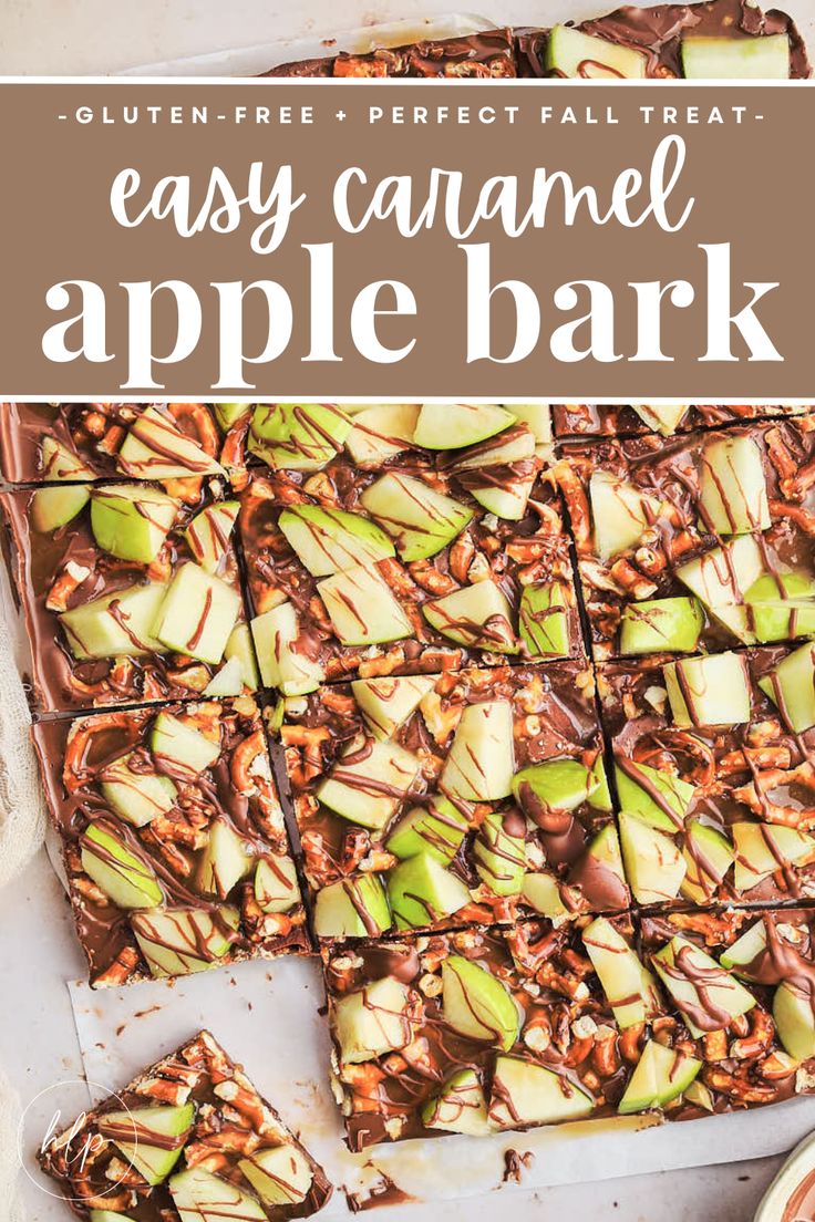 a pinterest pin for caramel apple bark dessert on parchment paper cut into squares Caramel Apple For Party, Fall Green Apple Recipes, Carmel Apple Sticks, Chocolate Apple Pretzels, Fall Snacks For Work Party, Apple Caramel Pretzel Bark, No Bake Caramel Apple Casserole, Thanks Giving Treats Ideas, Caramel Apple Bark Dessert