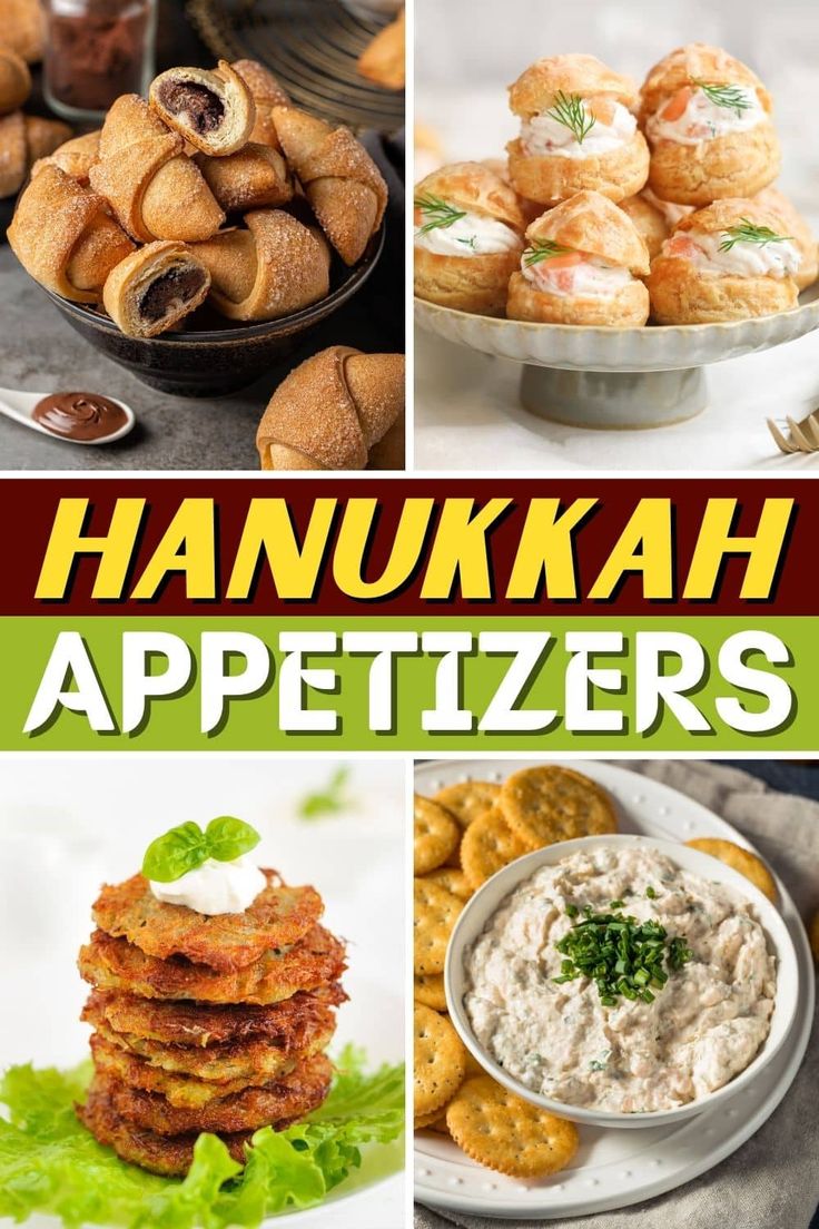 the cover of hanukkah appetizers is shown in four different pictures