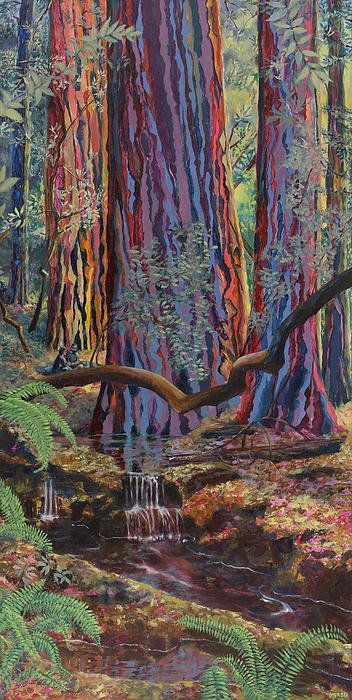 a painting of trees in the forest with water running through them and moss growing on the ground