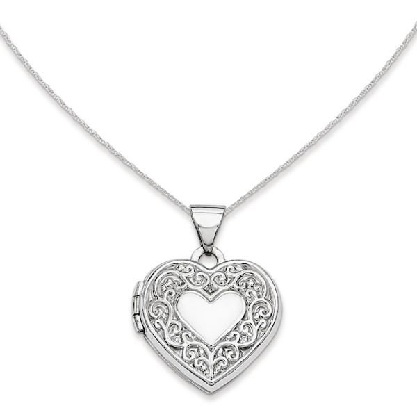 She can keep her treasures close to her heart with this darling fashion locket pendant. Created in cool 14K white gold, this heart-shaped locket features an intricate pattern of scrolls that frame a solid heart at the center. The locket opens to reveal space for a pair of small photos or mementos. A look she'll love and appreciate, this locket is polished to a brilliant shine and suspends freely along an 18.0-inch rope chain that secures with a spring-ring clasp. Elegant Heart Necklace For Keepsake, Elegant Heart Cut Locket Necklace For Wedding, Elegant Medallion Locket Necklace For Valentine's Day, Elegant White Locket Necklace For Valentine's Day, Elegant Open Heart Locket Necklace With Heart Charm, Elegant Heart Charm Locket Necklace, Elegant Open Heart Locket Necklace For Valentine's Day, Elegant Heart Shaped Locket Necklace, Elegant Engraved Double Heart Locket Necklace