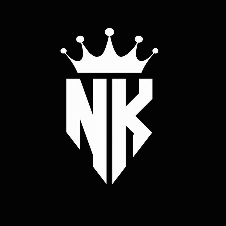 the letter nk with a crown on it's head is shown in black and white