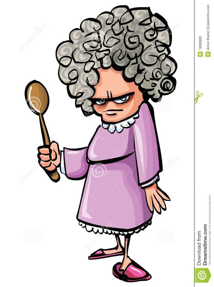 an old woman with curly hair holding a spoon in one hand and looking at the other