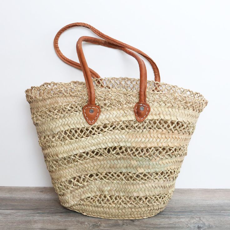 a straw bag with leather handles on a wooden table