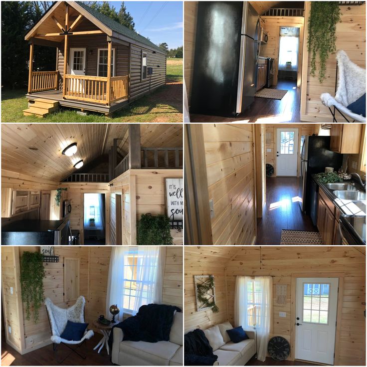 several pictures of the inside of a small cabin with wood paneling and windows, including kitchen, living room, dining area, and bedroom