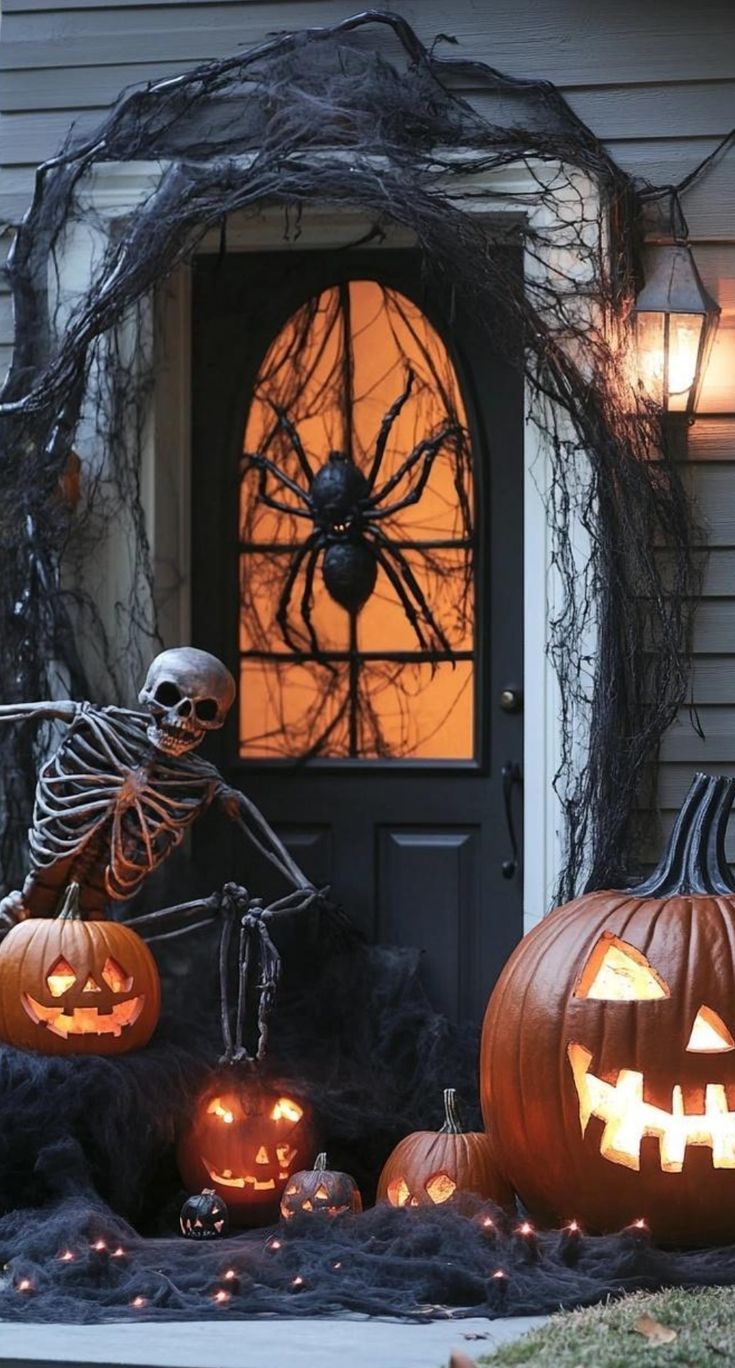 two jack o lantern pumpkins sitting in front of a house with halloween decorations on it