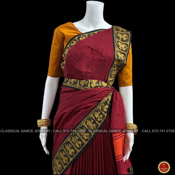 Design by Classical Dance Jewelry® ❥ A collection of colorful and elegant dance sarees in cotton fabric with minimalistic patterns for all the ladies who are ardent fans of our traditional dance. ❥ These sarees are also known as Kalakshethra sarees. ❥ Dance practice sarees have different measurements than the usual sarees and can't be used as a party wear or casual wear. ❥ It is made of pure cotton saree with plain contrast color borders.These practice sarees worn over pajamas / pants and a chol Traditional Gold Pre-draped Saree For Navratri, Traditional Fitted Pre-draped Saree For Navratri, Traditional Cotton Silk Pre-draped Saree For Puja, Ceremonial Cotton Silk Sets With Traditional Drape, Traditional Ceremonial Pre-draped Saree With Cutdana, Traditional Fitted Pre-draped Saree For Diwali, Bollywood Style Cotton Pre-draped Saree For Puja, Ceremonial Cotton Silk Traditional Wear With Cutdana, Traditional Yellow Fitted Pre-draped Saree