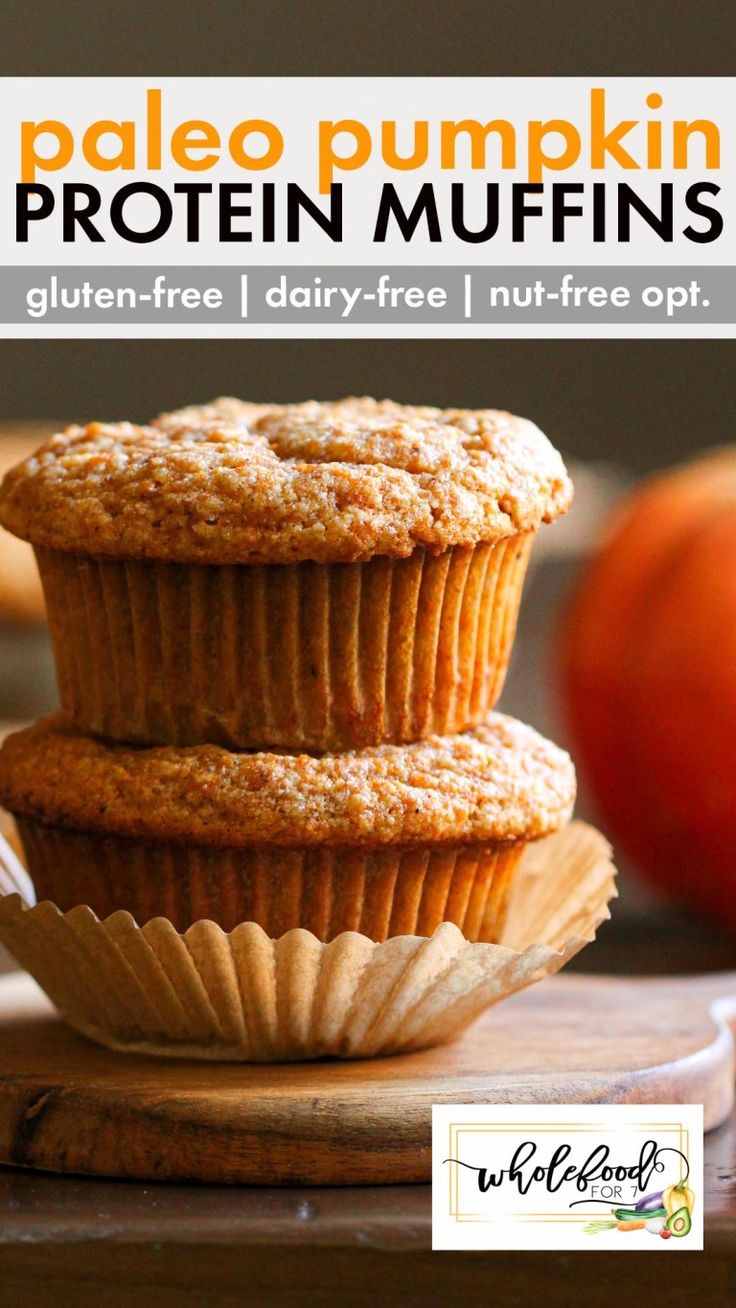 palen pumpkin protein muffins stacked on top of each other with text overlay