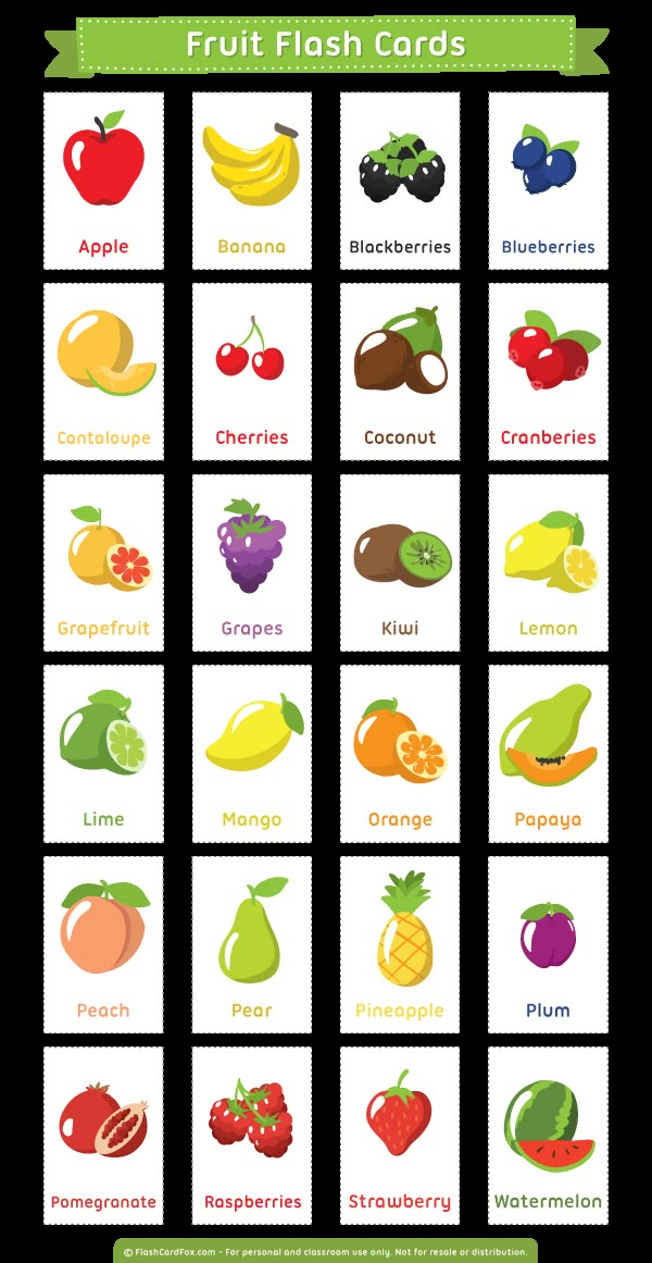 fruit flash cards with different fruits and vegetables