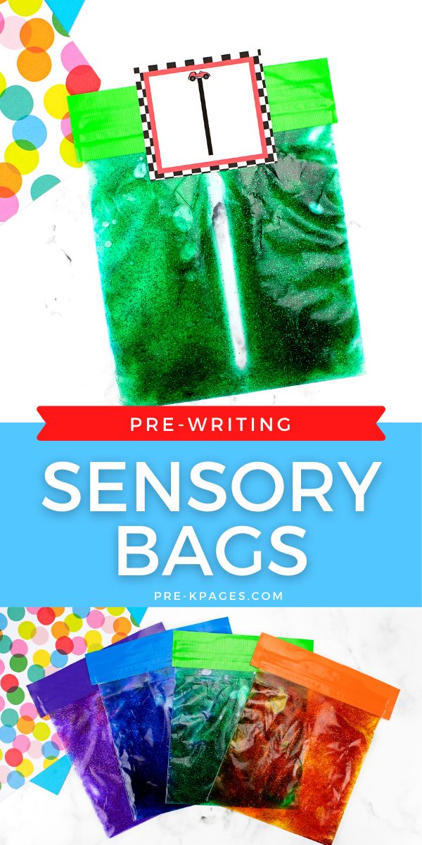 some colorful bags with the words, pre writing sensory bags