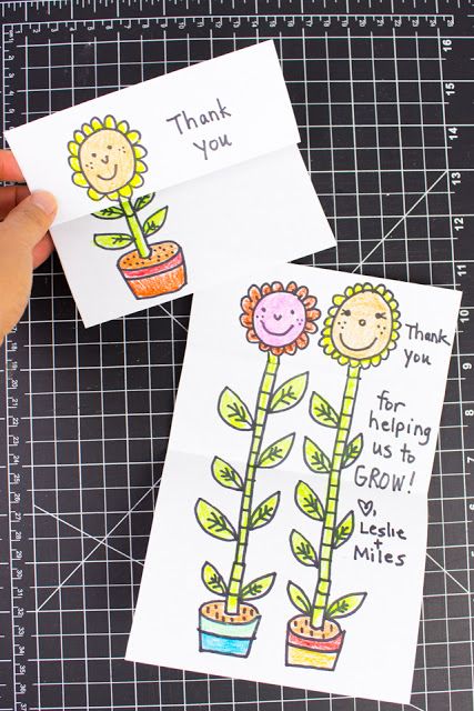 two handmade thank cards with flowers on them, one has a flower pot and the other has a sunflower