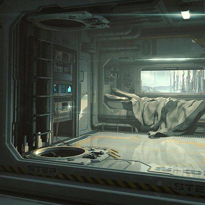 a sci - fi space station with a man laying on the floor in front of a window