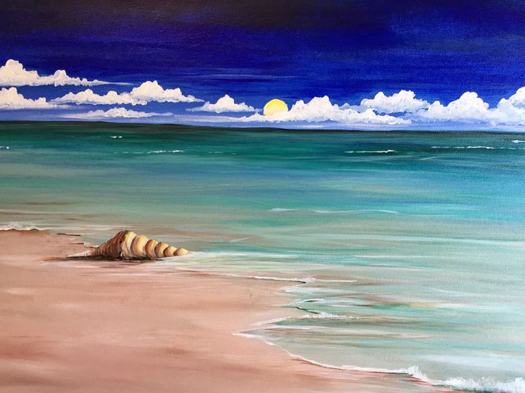 a painting of seashells on the beach with clouds in the sky and blue water