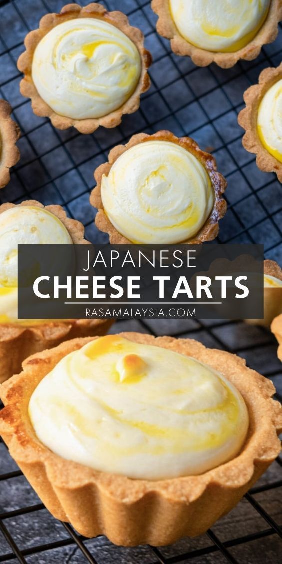 japanese cheese tarts on a cooling rack with the title text overlay reads, japanese cheese tarts