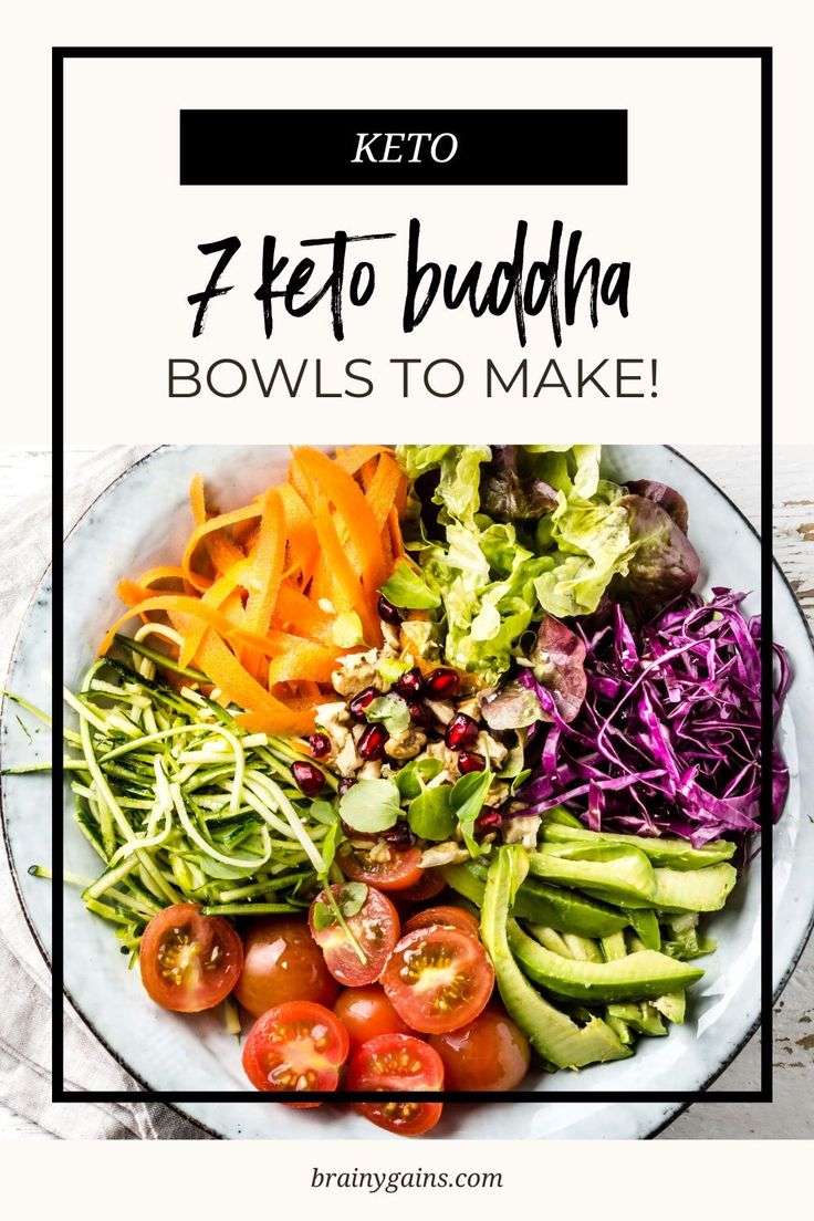 a white plate topped with lots of veggies and salad next to text that reads keto 7 feet buddha bowls to make