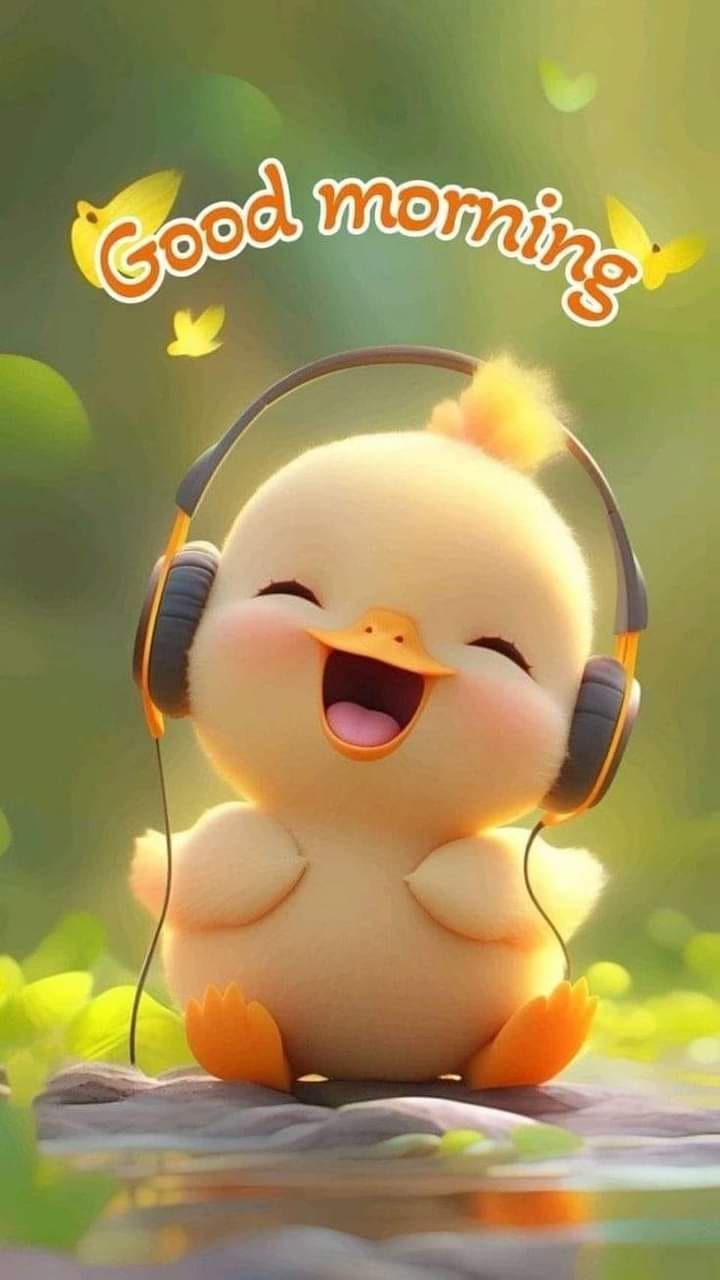 a cute little duck with headphones sitting on the ground and smiling for good morning