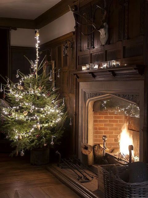 a lit christmas tree in front of a fireplace