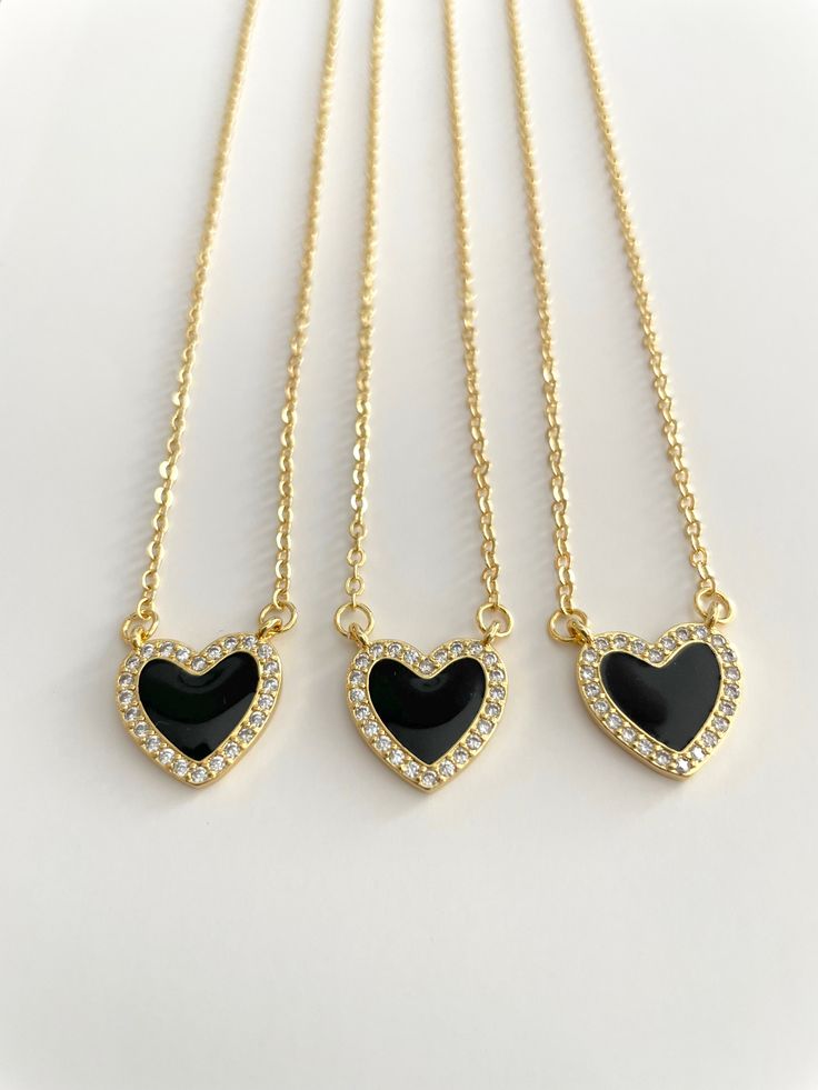 • gold plated • zirconia • enamel heart shaped • 16” + 2” long Black Heart Necklace, Black Heart, Heart Necklace, The Black, Heart Shapes, Gold Plate, Plating, Collar, Gold