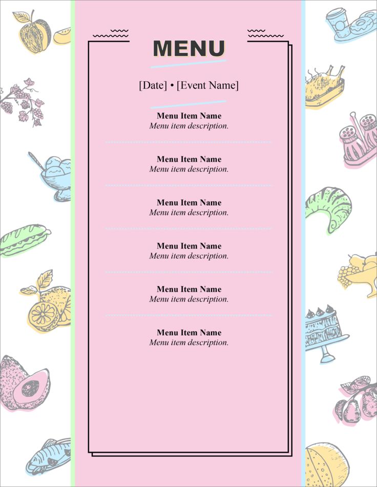 a menu for a baby shower party with colorful items on the table and pink background