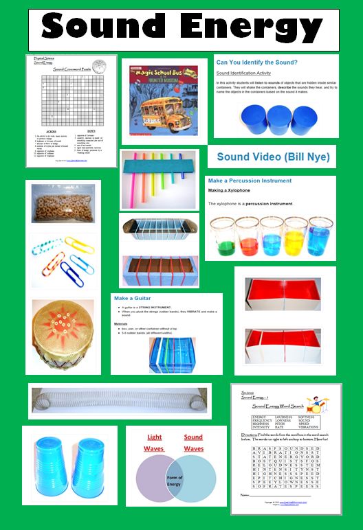 an image of sound energy poster with pictures and words on it, along with other items