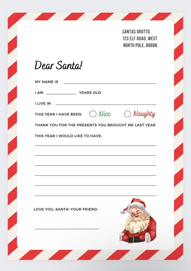 a santa letter to santa is shown on a red and white striped card with the words dear santa