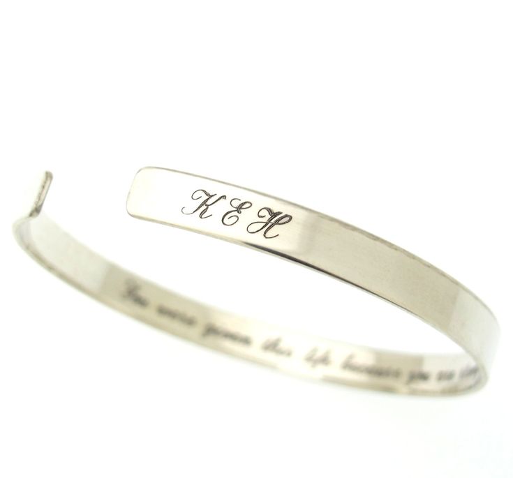 Personalized sterling silver cuff bracelet for women. Personalized Gift. Custom skinny cuff bracelet for her. Initials cuff bracelet for women. Personalized present for her, birthday gift, mommy bracelet, delicate cuff bracelet for loved one. The delicate bracelet is ready to be both sides personalized. Engrave it with initials and names in a lovely font outside and with a hidden message inside. These can be words of love, gratitude, or a quote to give some inspiration. Are you looking for a spe Elegant Stamped Cuff Bracelet, Classic Initials Bracelet, Perfect As Gift, Personalized Silver Bracelets With Initials, Personalized Silver Bracelet With Initials, White Gold Initials Bracelet For Anniversary, Elegant Stamped Cuff Bracelet For Wedding, Elegant Stamped Bangle Bracelet, Elegant Sterling Silver Name Bracelet With Engraving Option, Engraved Cuff Bracelets For Anniversary