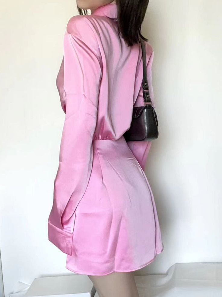 Tavimart Women's Lapel Collar Satin Shirt Dress Long Sleeve Mini Slim Dress Office Women's Silk Satin V Neck Elegant Casual Pink Party Fitted V-neck Shirt Dress For Party, Fall Long Sleeve Shirt Dress For Party, Chic Long Sleeve Shirt Dress For Party, Long Sleeve Shirt Dress For Summer Evening, Elegant Pink V-neck Shirt Dress, Long Sleeve Formal Shirt Dress For Spring, Pink Long Sleeve Blazer Dress For Evening, Formal Long Sleeve Shirt Dress For Spring, Long Sleeve Satin Shirt Dress For Work