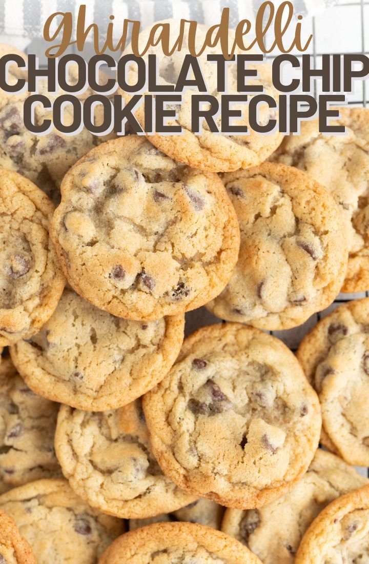 chocolate chip cookies stacked on top of each other in front of the words, gluup