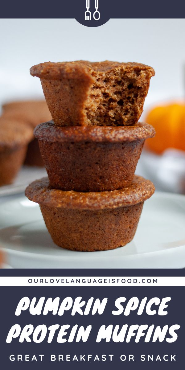 three pumpkin muffins stacked on top of each other with text overlay reading the best pumpkin protein muffins easy and healthy recipe