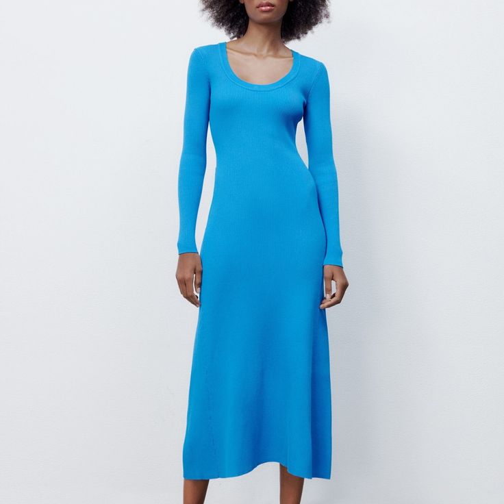 Zara Long Rib Knit Dress Flare Bottom Color:Blue Size: Small Ref: 3471/001 Blue Knit V-neck Dress, Blue Midi Length Sweater Dress For Fall, Elegant Blue Ribbed Sweater Dress, Blue Ribbed Dress For Winter, Winter Blue Ribbed Dress, Blue Stretch Midi Dress For Winter, Fitted Blue Midi Sweater Dress, Blue Fitted Midi Sweater Dress, Long Sleeve Blue Sweater Dress For Spring